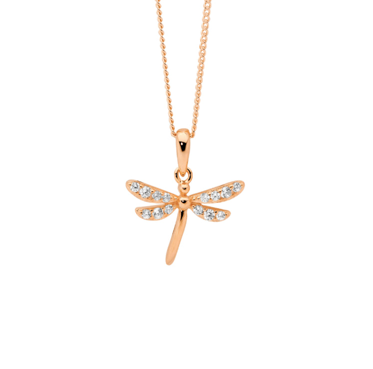 Sterling Silver Rose Gold Plate Cz Dragon Fly Pendant