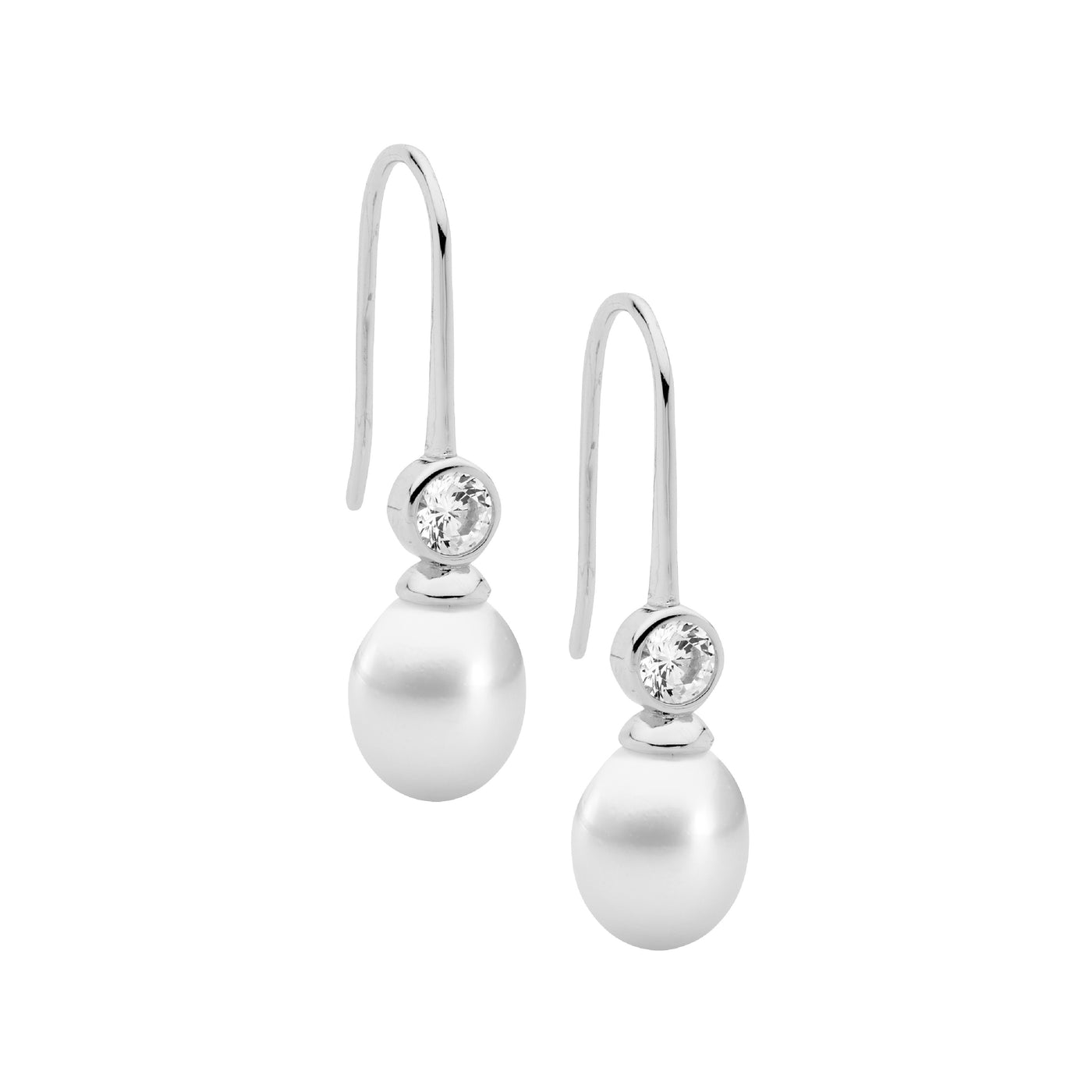 Sterling Silver White Freshwater Pearl And Cz Drop Earrings