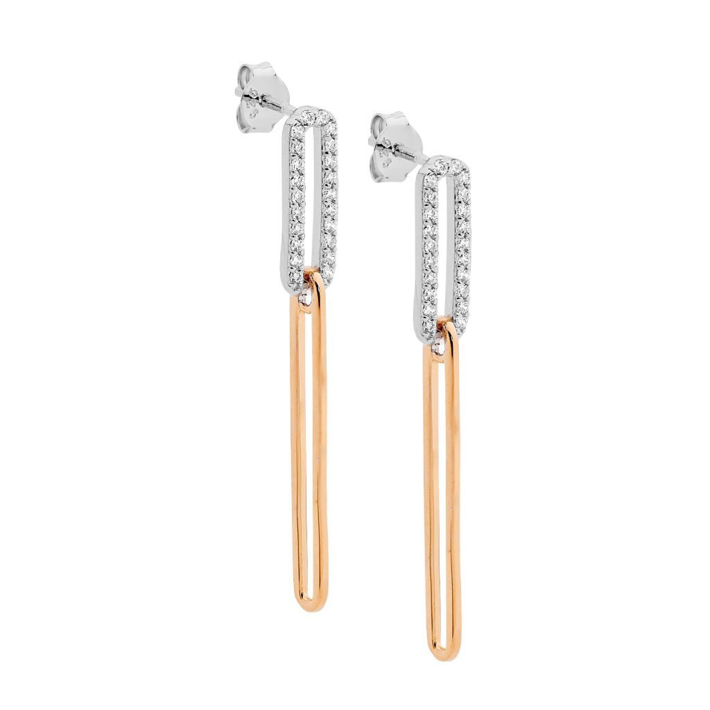 Sterling Silver Cubic Zirconia Drop Earrings With Rose Gold Plating