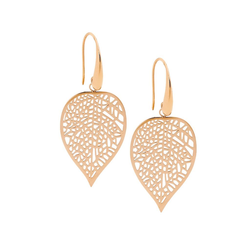Rose Gold Plated Stainless Steel Leaf Drop Earrings