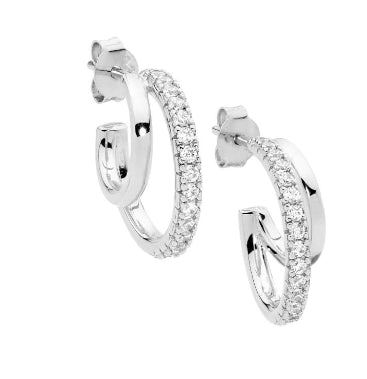 Womans Sterling Silver Double Hoop Earrings With Cubic Zirconia