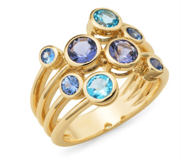 9Ct Yellow Gold Ring Set With Sapphire , Iolite, Celanese Sapphire And Blue Topaz
