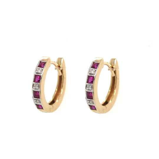 9ct Yellow Gold Ruby And Diamond Huggie Earrings