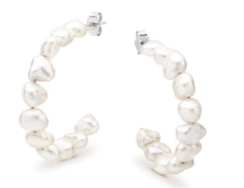 Sterling Silver White Keshi Hoop Earrings