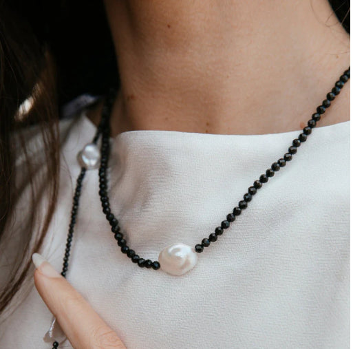 Black Spinel and white keishi pearl necklace
