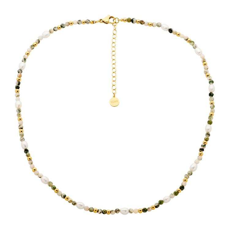 Yellow Gold Plated With White Freshwater Pearl And Tree Agate Necklace
