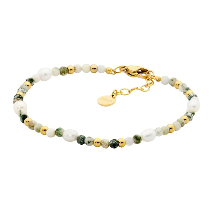 Yellow Gold Plate And Stainless Steel With Freshwater Pearls And Tree Agate Bracelet