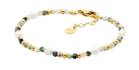 Yellow Gold Plate And Stainless Steel With Freshwater Pearls And Tree Agate Bracelet