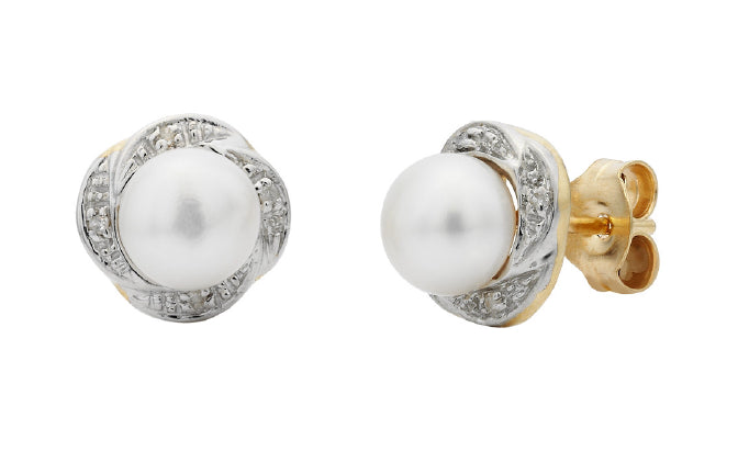 9ct Yellow Gold White Freshwater Pearl And Diamond Earrings