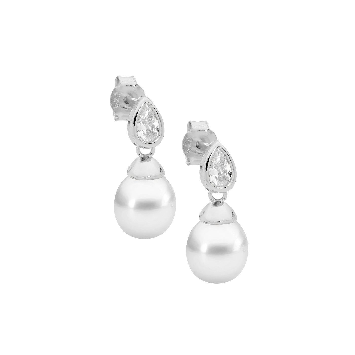 Freshwater Pearl Earrings With Bezel Set Pear Cubic Zirconia.