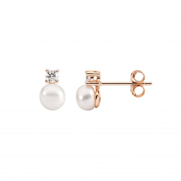 Ladies Ellani Sterling Silver Rose Gold Plated Pearl And CZ Earrings E634R