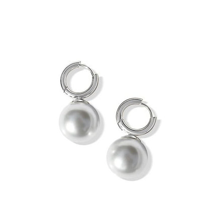 Stainless Steel Huggie With Large Pearl Drop Earrings