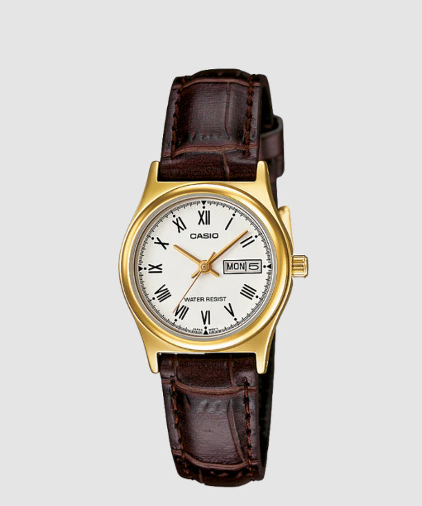 Ladies Gold Casio Watxch With Brown Leather Strap