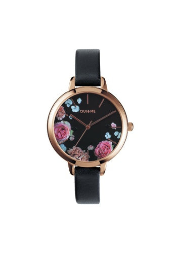 Lds Oui Fsn Blk & rose gold 50m Blk Lthr Watch with floral face