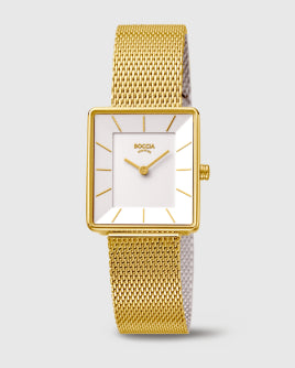 Ladies Titanium Gold Plated Boccia Square Faced With Mesh Strap watch
