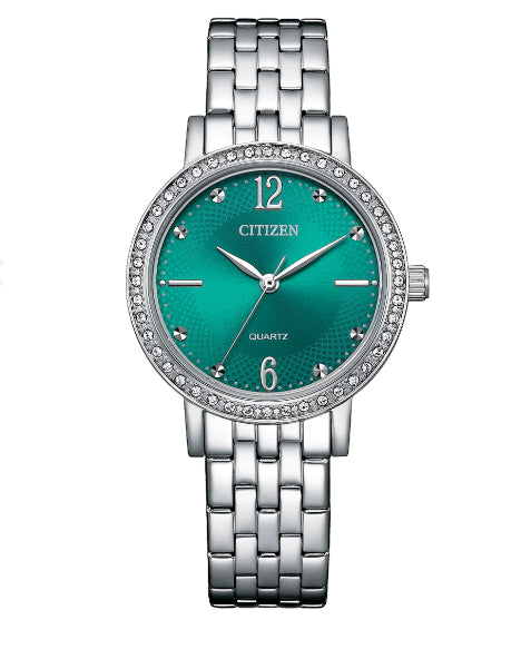 Ladies Silver Citizen Watch With Green Dial And Cystals