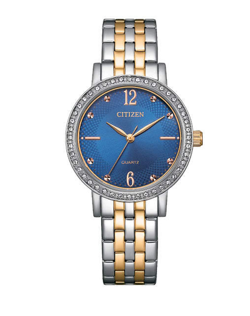 Ladies Citizen Rose And Silver Ananlogue Watch With Blue Crystal Set Dial