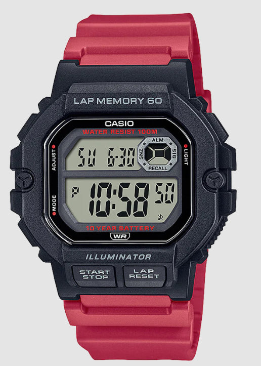 Mens Casio Digital Black and Red Watch WS1400H-4A