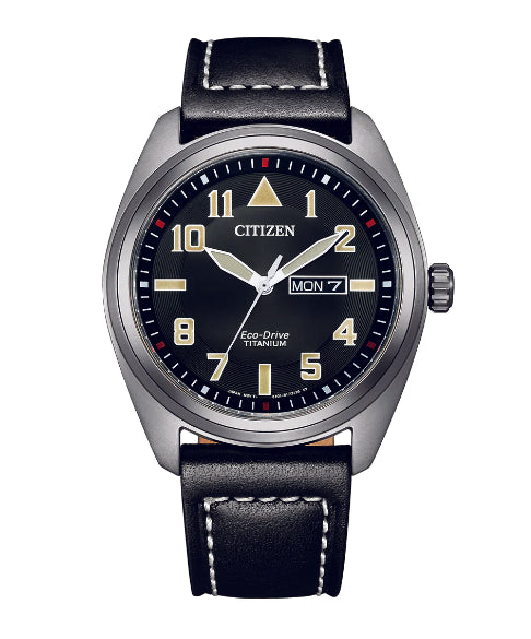 Mens Titanium Citizen Eco Drive Watch With Black Leather Strap