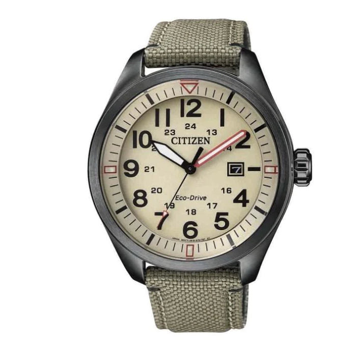 Mens Citizen Eco Drive Black Case With Nylon Beige Strap AW5005-12X