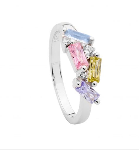 Ellani Sterling Silver Round And Baguette Pastel Coloured CZ Ring