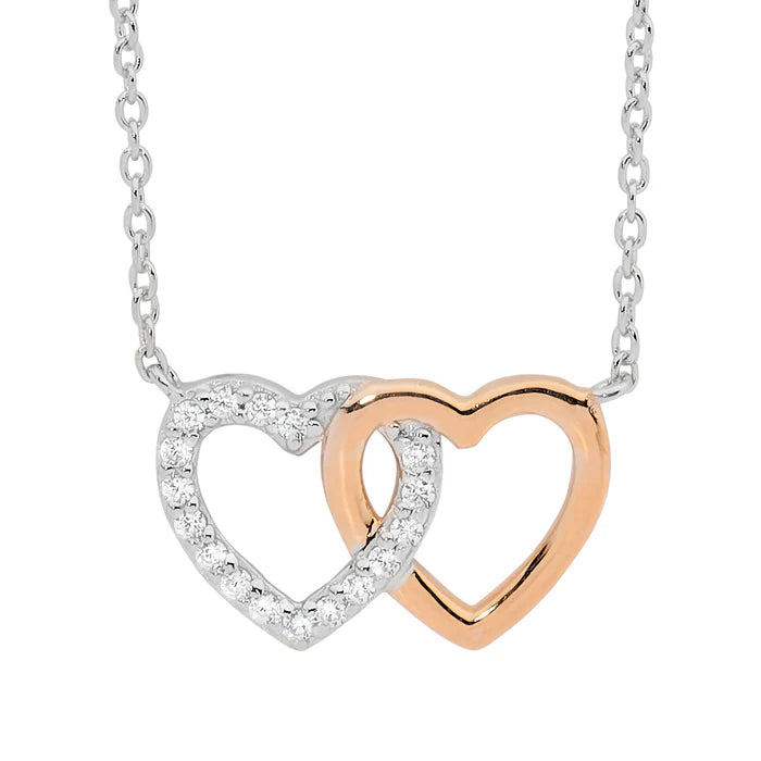 Ellani Sterling Silver Rose Gold Plating White CZ Double Linked Heart Necklace