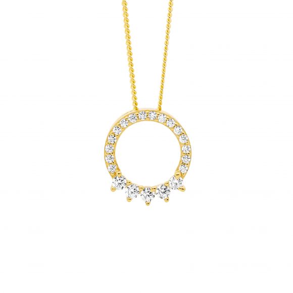 Gold plated sterling silver cubic zirconia open circle pendant with 5 feature cubic zirconia