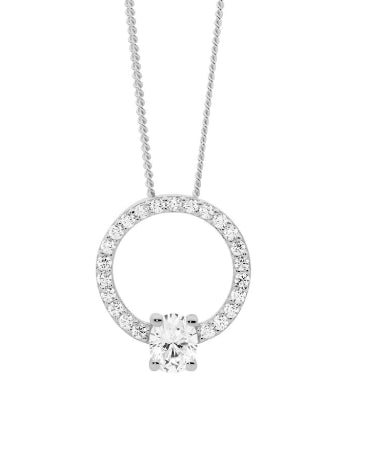 Womans Sterling Silver 13mm Open Heart Pendant With Oval CZ