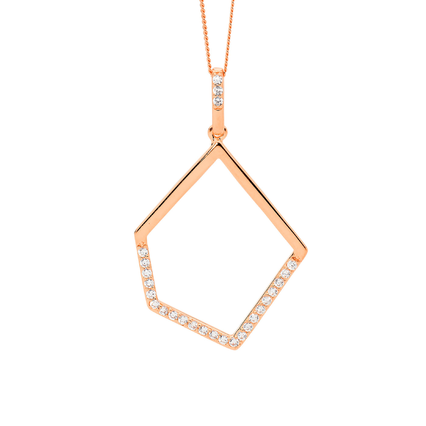 Ellani Sterling Silver Rose Gold Plated Abstract Drop Pendant Set With Cz