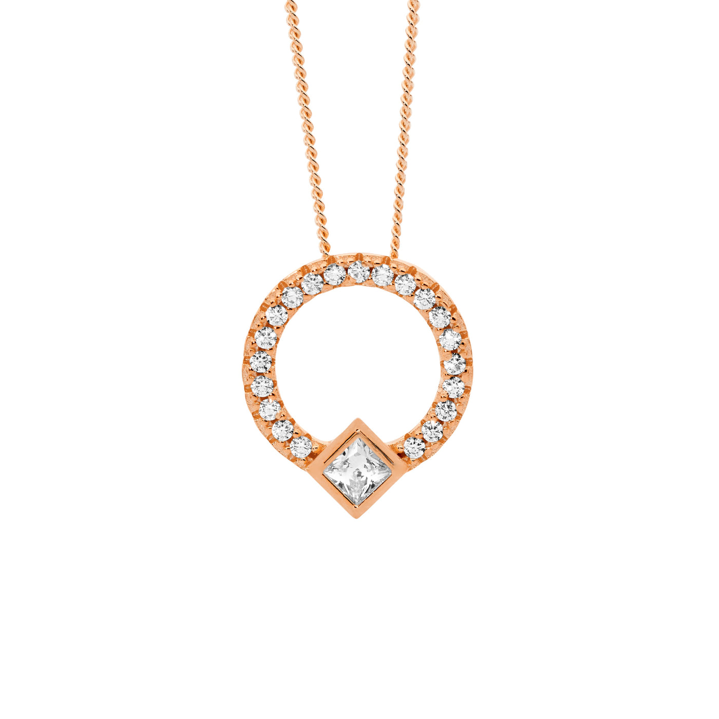 SS CZ Open circle pendant /princess cut beze,l Rose gold plated