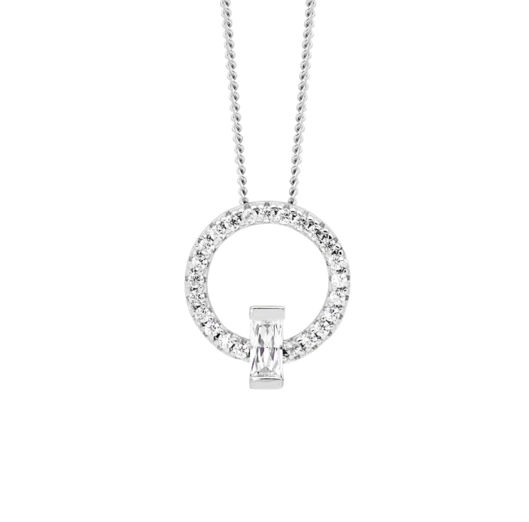 Ellani Sterling Silver Circle Pendant With Baguette CZ