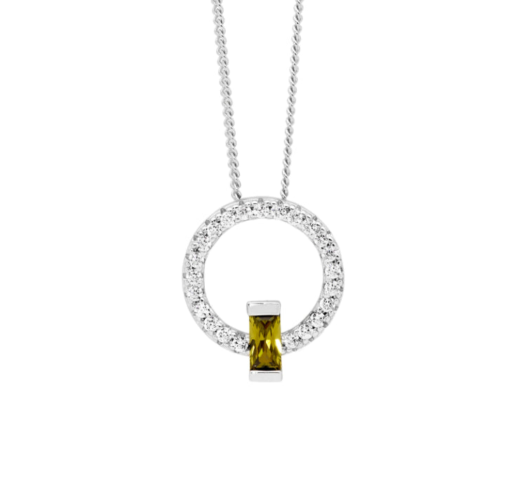 Ellani Sterling Silver Circle Pendant With Green CZ