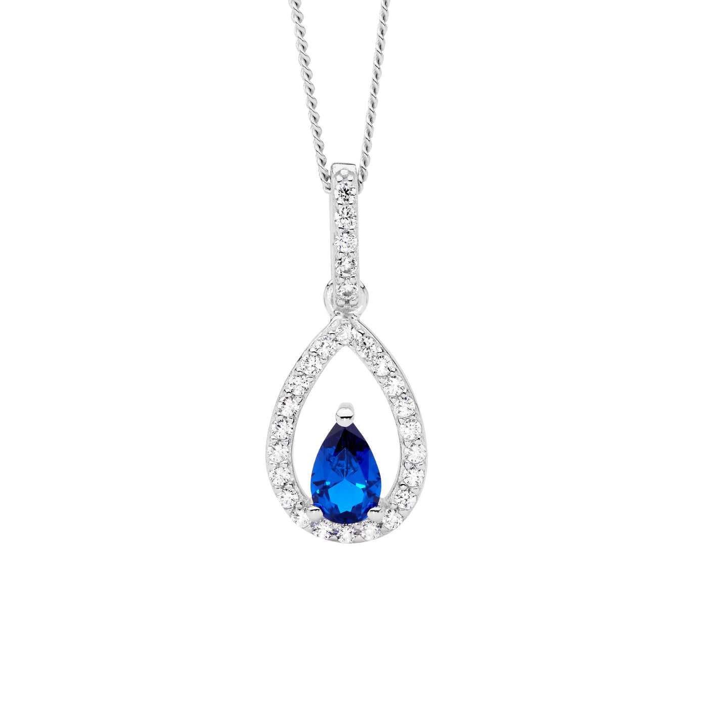 Sterling Silver Cz Open Pear With Dark Blue Cz Drop Pendant