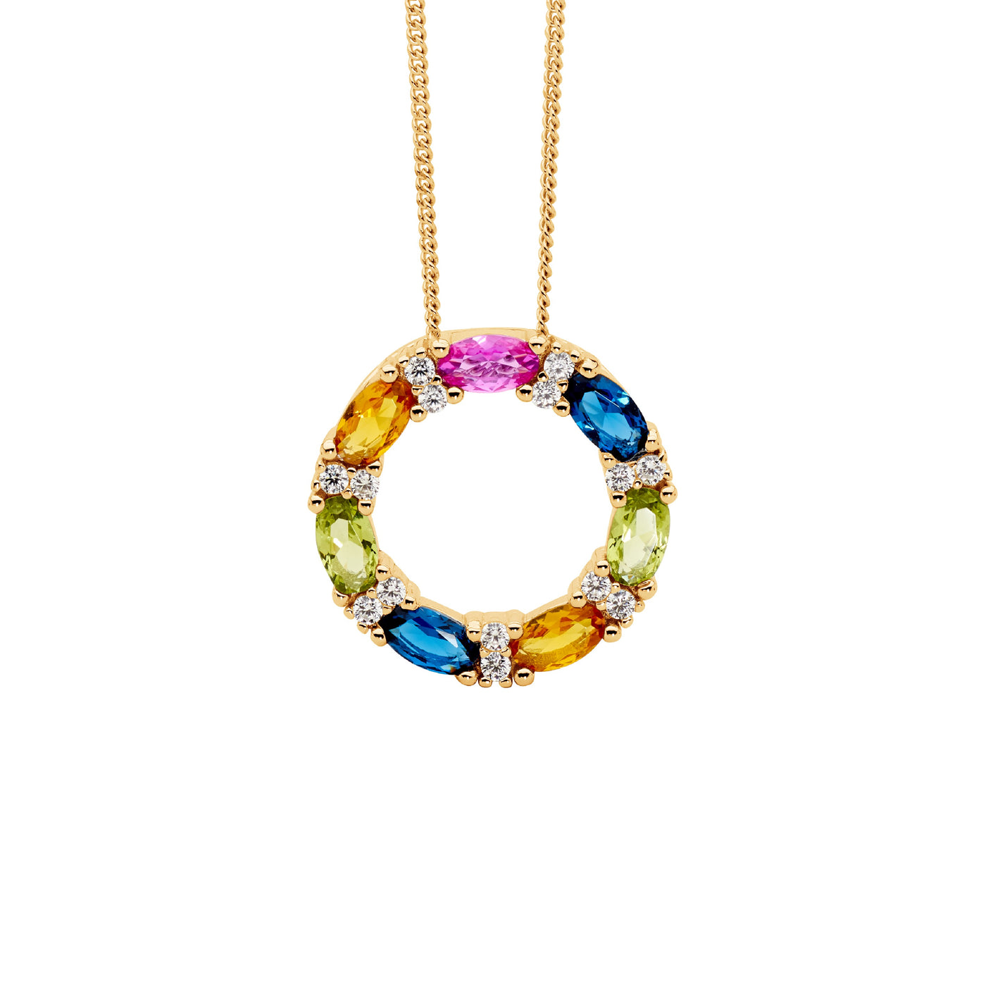 Ellani Sterling Silver Yellow Gold Plate Circle Pendant With Multi Coloured Cz