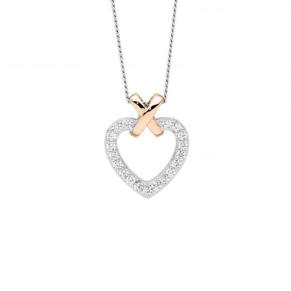 Ladies Ellani Sterling Silver And Rose Gold Plated Cross Over Heart Pendant Heart P902R