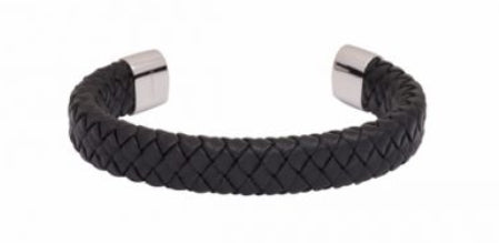 Mens Black Leather And Stainless Steel Cuff