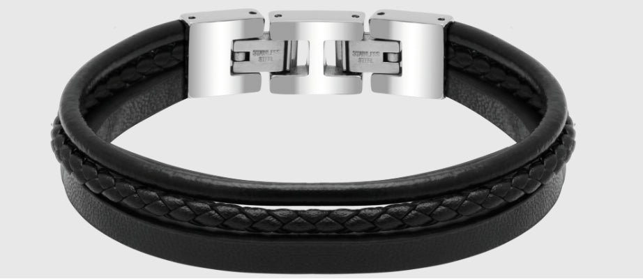 Rotchet Polished Steel Bracelet With Flat Round And Plaited Leather Straps