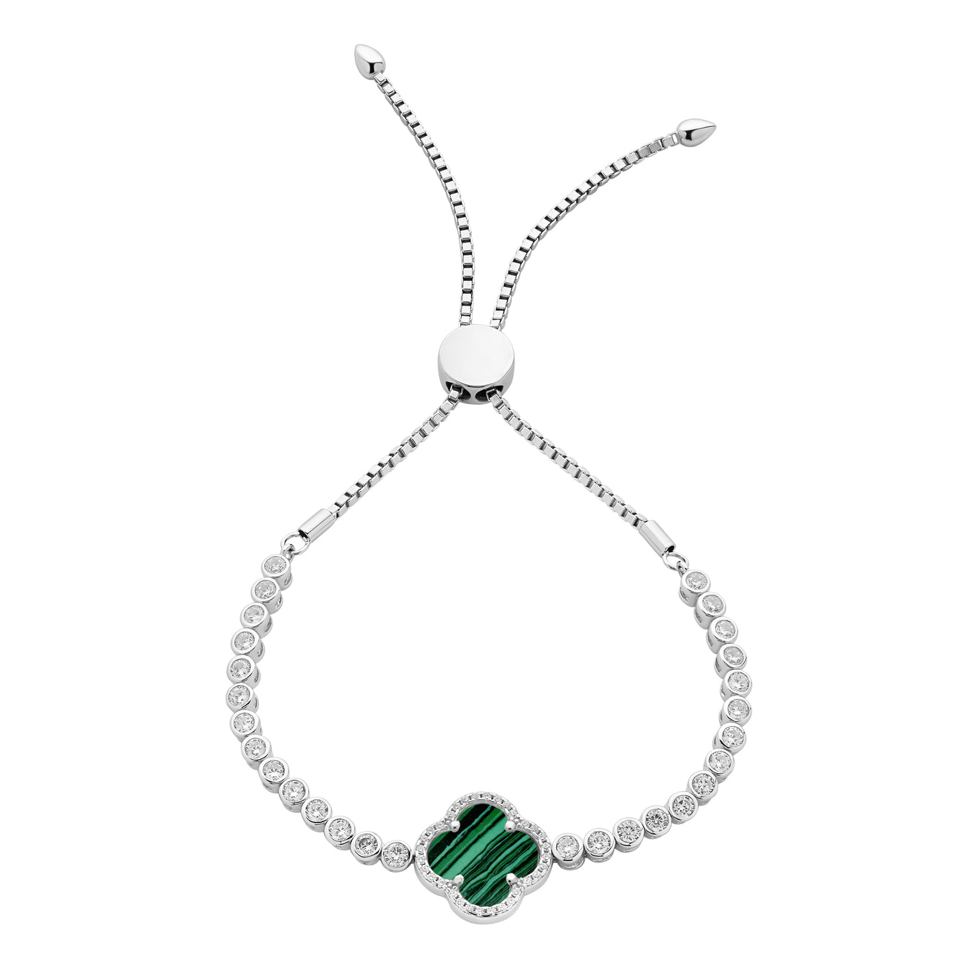 Sterling Silver CZ and Created Malachite Clover Brace