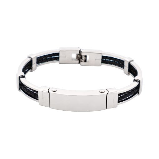 Polished Stainless Steel Bracelet with Double Strand Braided Black Leather