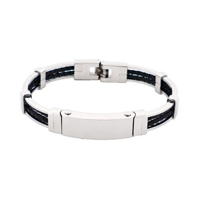 Polished Stainless Steel Bracelet with Double Strand Braided Black Leather