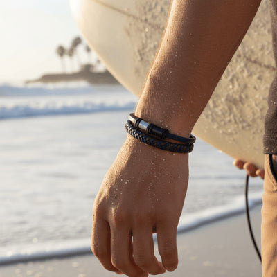 Matt Stainless steel with Dark Blue leather bracelet