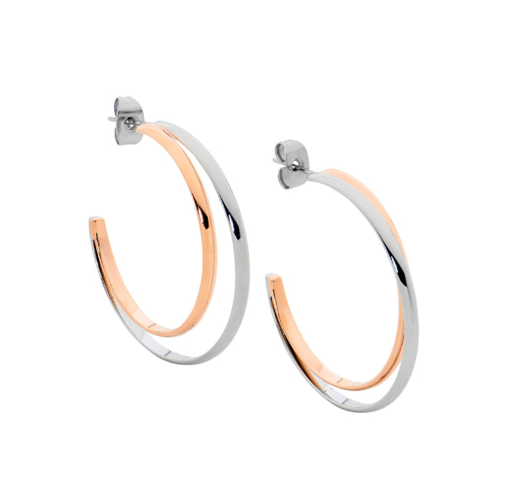 Stainless steel and rose gold double hoop earrings