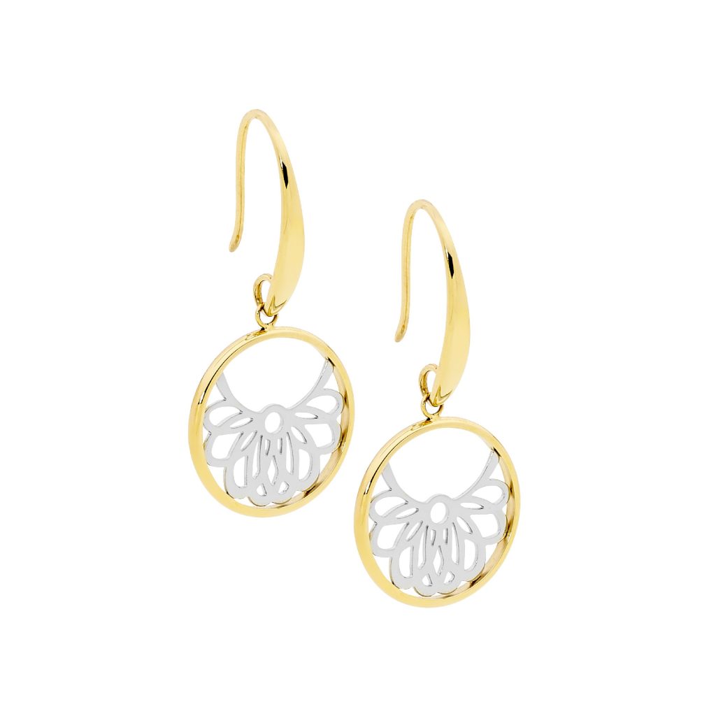 Stainless Steel with Gold plate filgree drop earrings