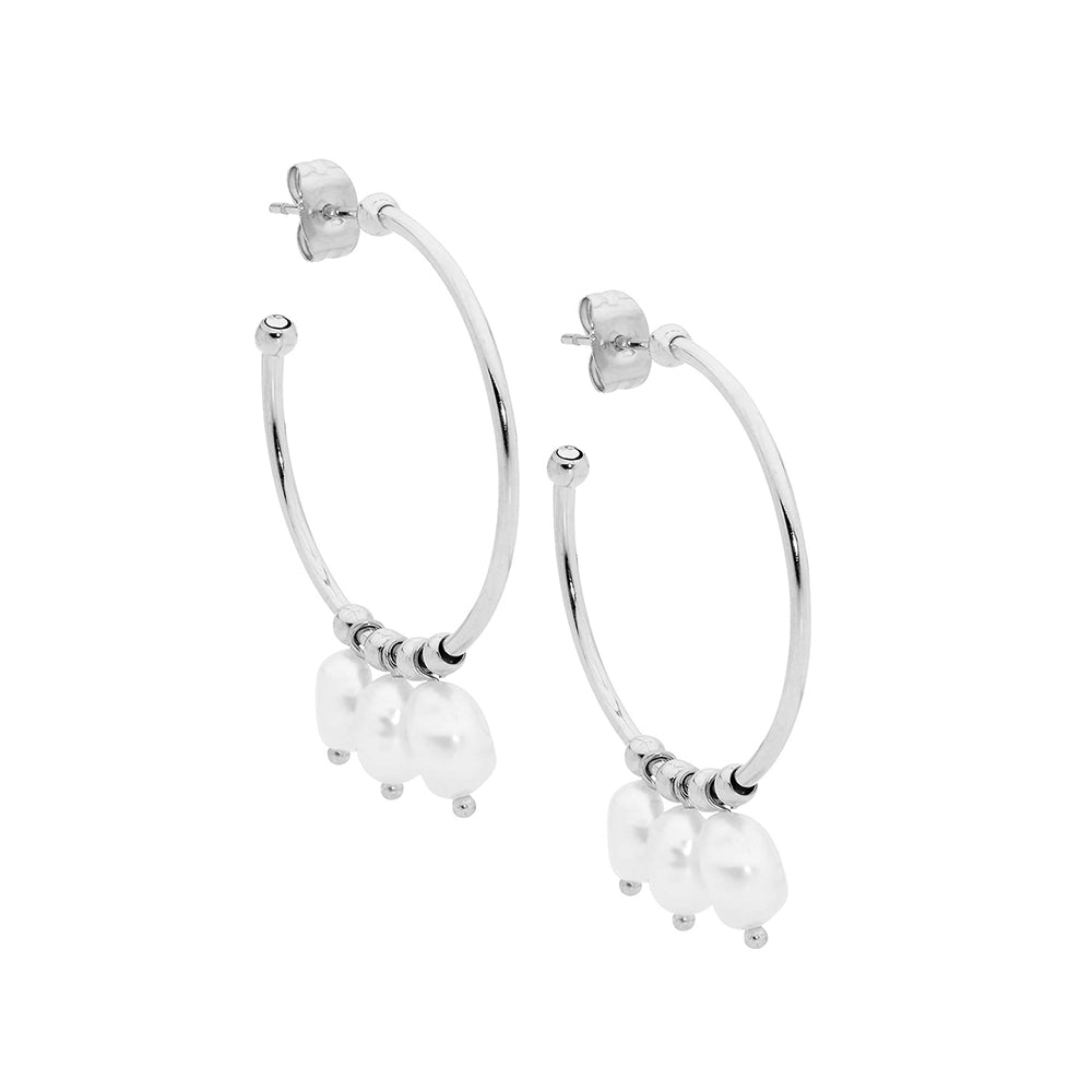 Stainless Steel 3Cm Hoops With Freshwater Pearl Drops