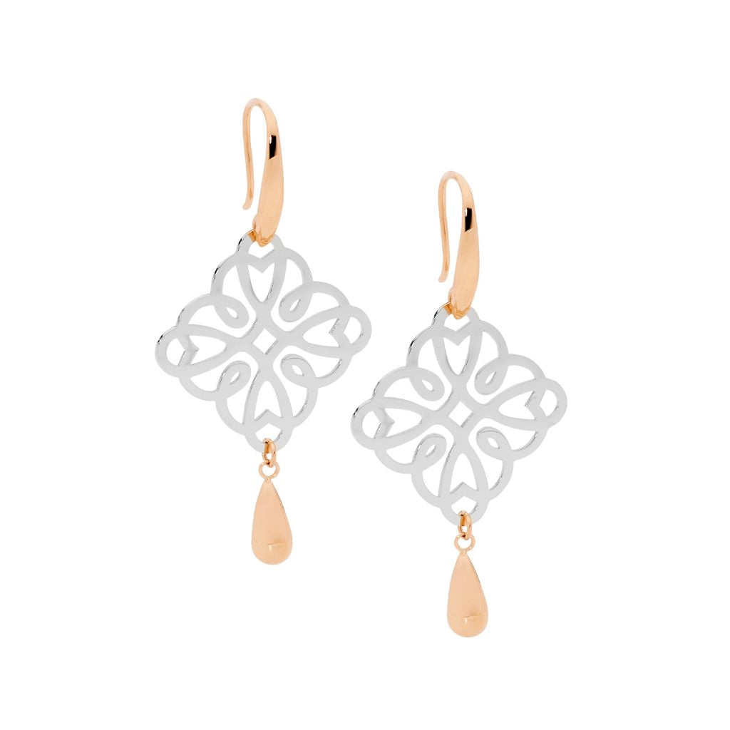Rose Gold Plate & Stainlesss Steel Filigree Square Drop Earring