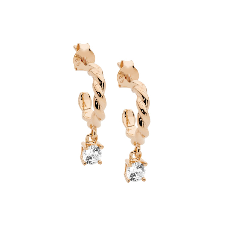 Rose Gold Plate On Sterling Silver Hoop Earrings With Drop Cz