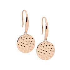 Steel Rose Gold Plated Hammered Disk Drop Earrings