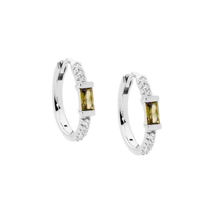 Ellani Sterling Silver Huggies With Green CZ