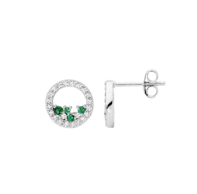 Ellani Sterling Silver Green And Clear CZ Stud Earrings