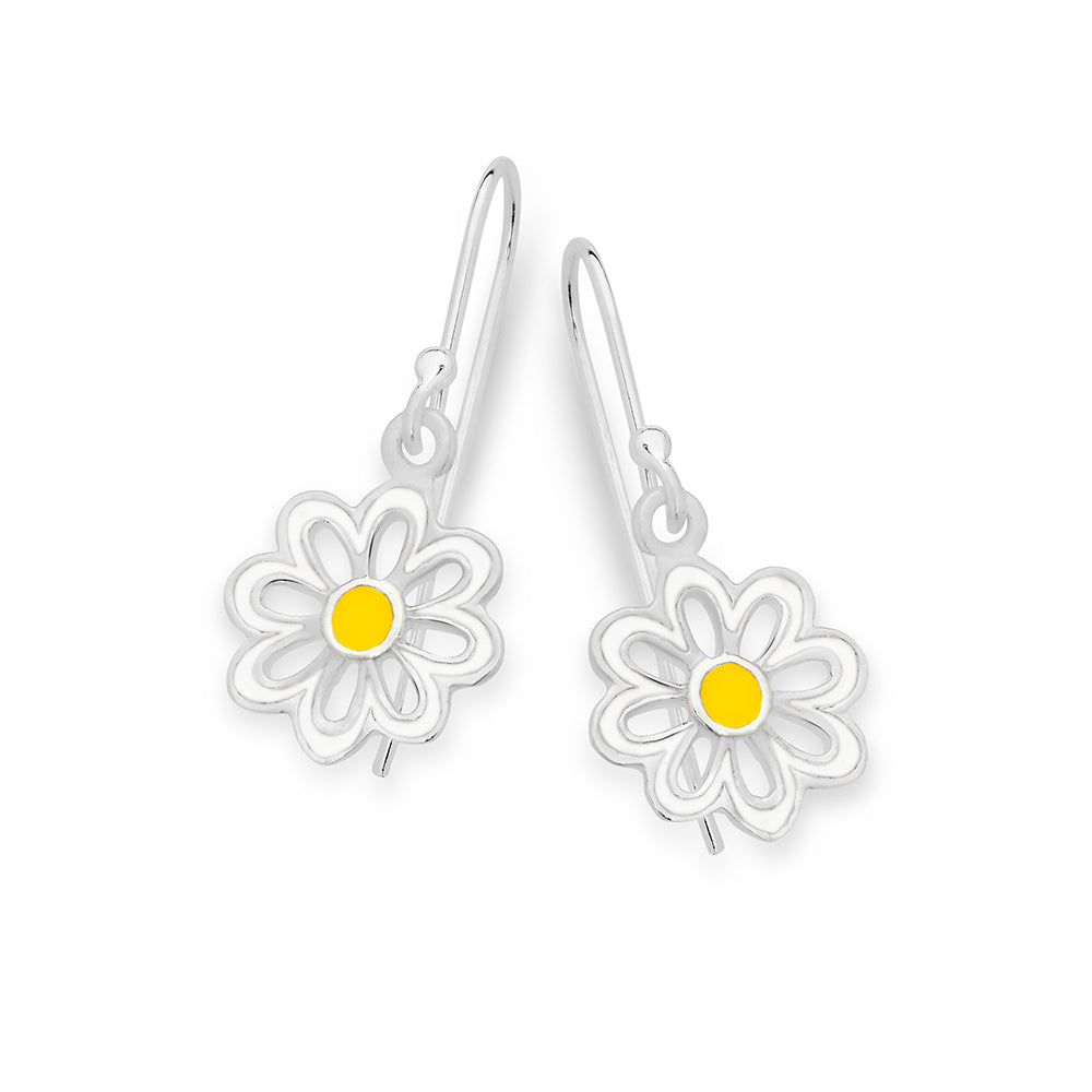 Sterling Silver White And Yellow Enamelled Daisy Drop Earrings